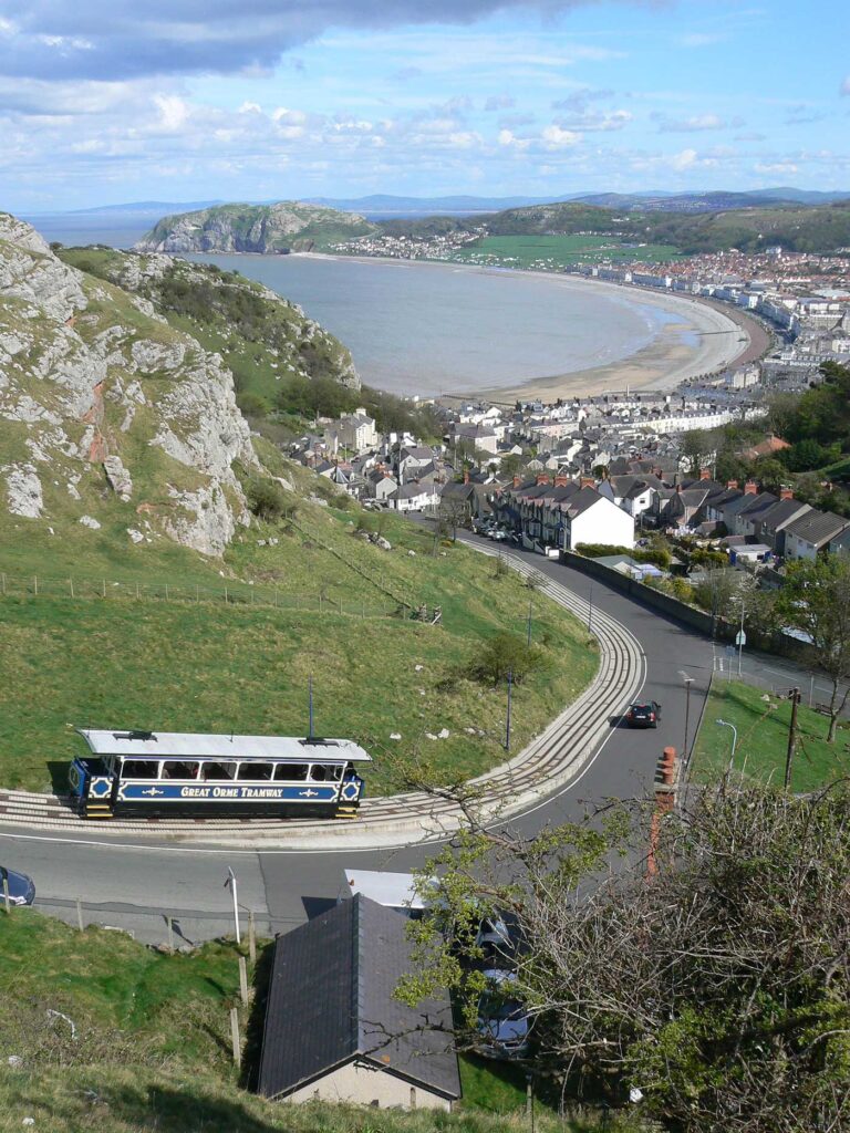 Great Orme tramway and view of Llandudno bay