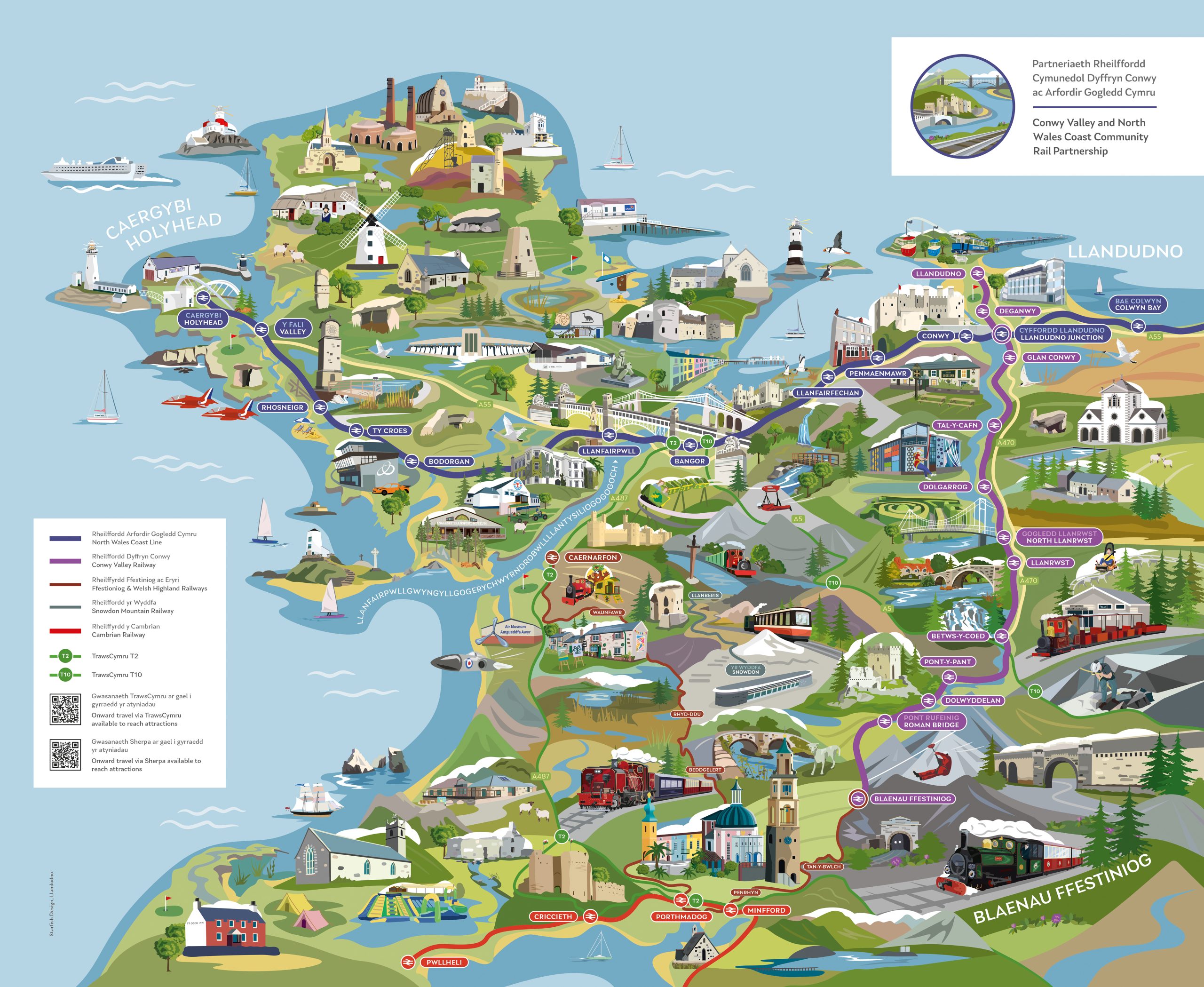 Colourful map with lots of illustrations depicting attractions along the Conwy Valley and North West Wales Coast Line