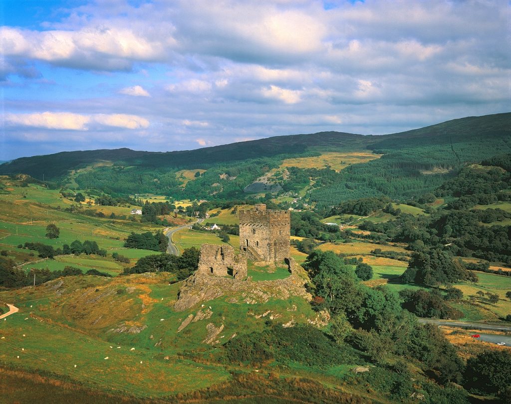 Ruins of an old stone castle located on a grassy hill in the foreground, with a backdrop of rolling green hills and sparse woodland under a partly cloudy sky.